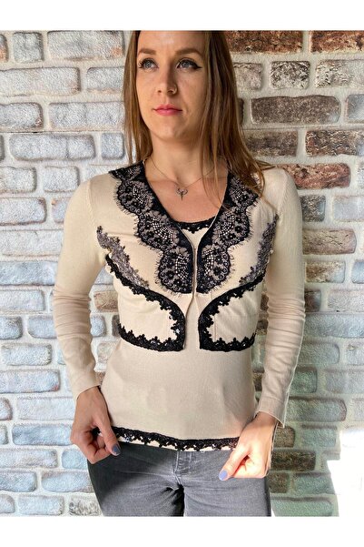 AGORATEKSTİL Women's Italian Sim Bead and Sequin Detailed Bolero Set Blouse and Vest 36-42