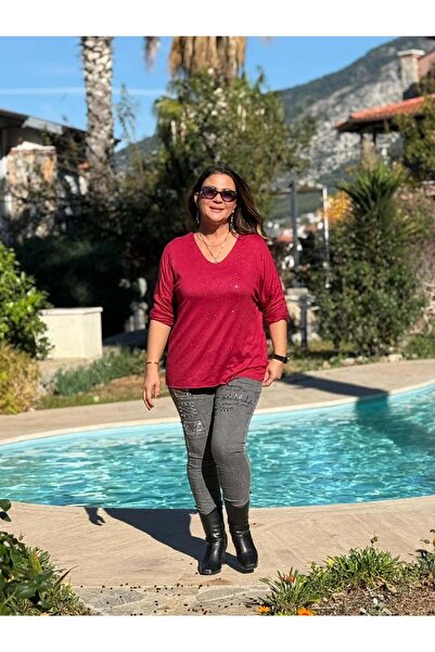 Punta Otantik Nc82581 Glitter V-Neck Knit Blouse Burgundy