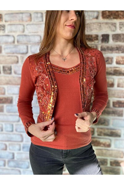 AGORATEKSTİL Women's Italian Sim Bead and Sequin Detailed Bolero Set Blouse and Vest 36-42