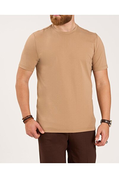TerziAdemAltun Italian Style S Slim Fit Crew Neck Knitwear T-Shirt Beige T13760