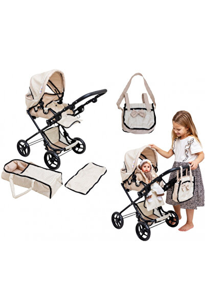 Doris Foldable stroller for dolls Beige 2in1 with adjustable handle, canopy with window, mattress