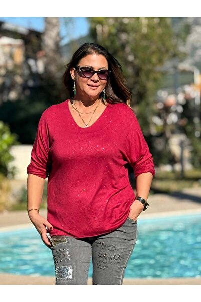 Punta Otantik Nc82581 Glitter V-Neck Knit Blouse Burgundy