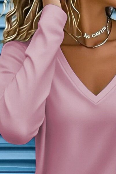 Mossta Μπλούζα με λαιμόκοψη V από βισκόζη με δύο κλωστές - Ροζ