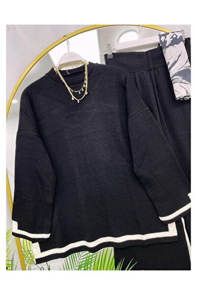 YEDİLALE Stripe Detail Zero Neck Relaxed Double Knitwear Set [Not Including Shawl, Standard Size]