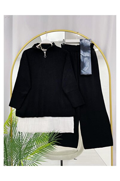 YEDİLALE Zipped Stand-Up Collar Casual Knitwear Double Set [Excluding Underwear and Shawl]