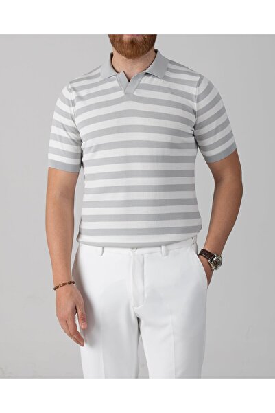 TerziAdemAltun Italian Style S Slim Fit Polo Collar Striped Knitwear T-Shirt Gray T14050