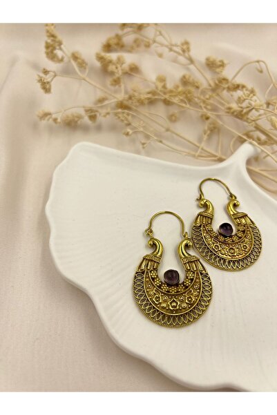 Lunarie Purple Stone Authentic Hoop Earrings – Antique Gold Bohemian and Ethn...
