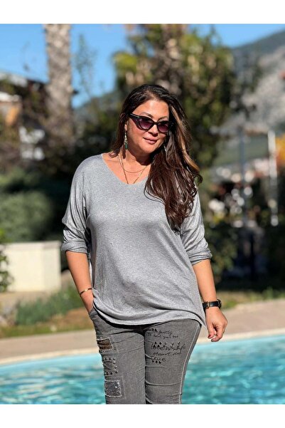 Punta Otantik Nc82581 Glitter V-Neck Knit Blouse Gray