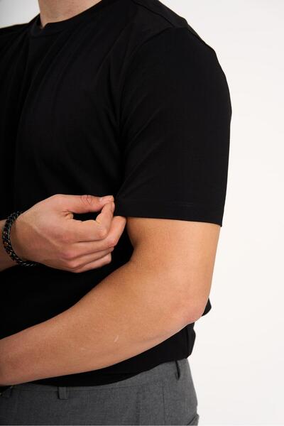 TerziAdemAltun Italian Style S Slim Fit Crew Neck Knitwear T-Shirt Black T13763