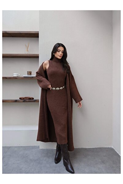 ESRAHELVACI Corded Fabric Turtleneck Dress Cardigan Set