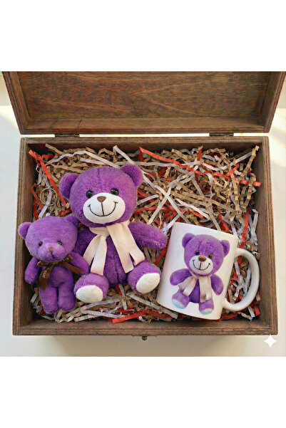 Hr Production Özel Gün Kişileştirilebilir Mor Büyük Peluş Set|25cm Ayıcık,Ana...