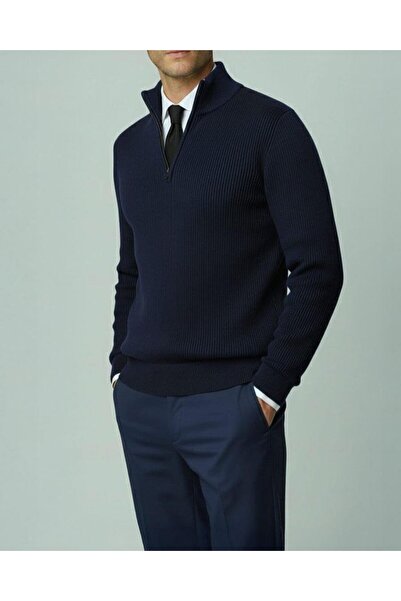 TerziAdemAltun Italian Style S Slim Fit Zipper Polo Neck Knitwear Sweater Navy Blue T14945