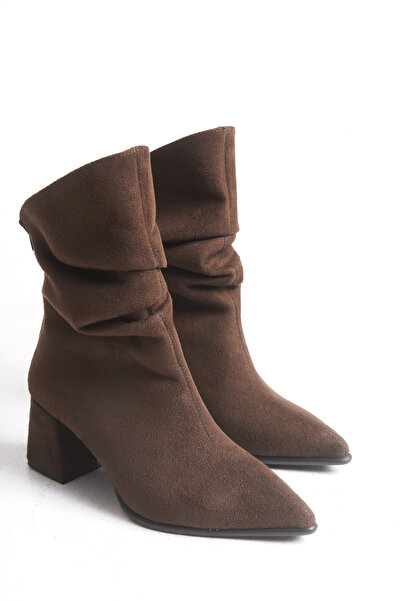 ELAIA SHOES Aria Brown Suede Back Zipper Ruched Detail Women's Heeled Boots