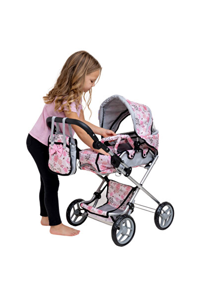 Doris Flowers 2in1 foldable doll stroller with adjustable handle, canopy with window, mattress