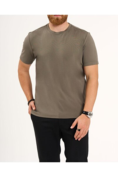 TerziAdemAltun Italian Style S Slim Fit Crew Neck Knitwear T-Shirt Khaki T13767