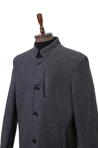 SÜVARİ Hakim Yaka Loose Fit Patterned Wool Anthracite Men's Coat