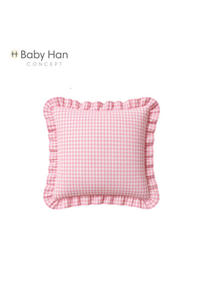 BABY HAN CONCEPT Premium Natural Texture Poplin Pink Gingham Ruffled Throw Pillow Cover – 40X40 cm