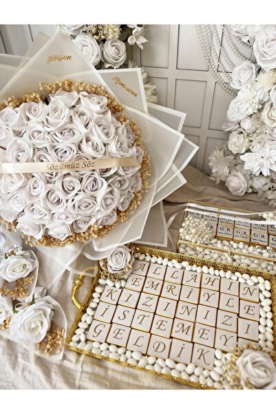 m ticaret 41li Beyaz Gelin Buketi Kişiye Özel İncili Cam Kutuda ve Tepside Kı...