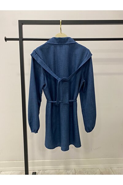 Hatun Atila Long Shoulder Cape Tied Shirt Tunic Navy Blue