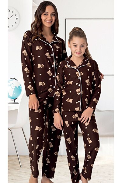 zahider Σετ πιτζάμες από βαμβακερό καστόρι με κουμπιά για μητέρα και κόρη