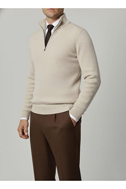 TerziAdemAltun Italian Style S Slim Fit Zipper Polo Neck Knitwear Sweater Beige T14942