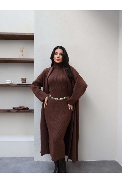 ESRAHELVACI Corded Fabric Turtleneck Dress Cardigan Set