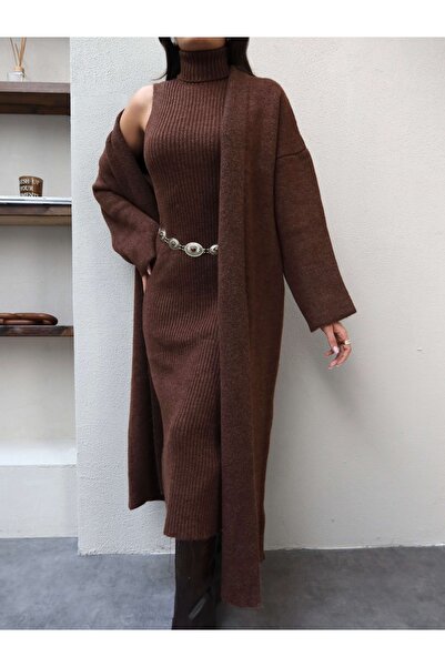 ESRAHELVACI Corded Fabric Turtleneck Dress Cardigan Set