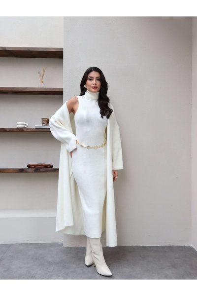 ESRAHELVACI Corded Fabric Turtleneck Dress Cardigan Set