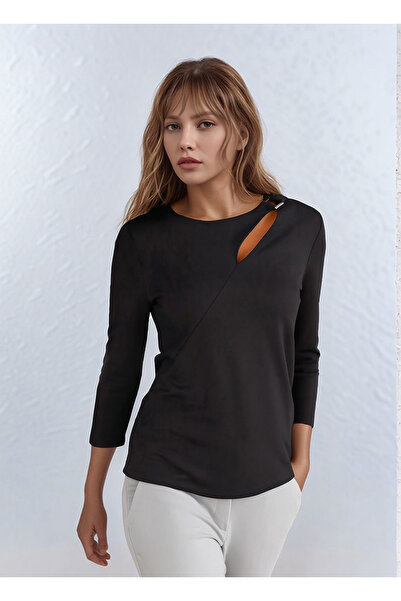 MAMAYAGA Women's Collar Buckle Detail Sporty Stylish Woven Fabric Three Quarter Sleeve Plus Size Stylish Blouse