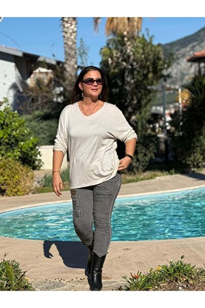 Punta Otantik Nc82581 Glitter V-Neck Knitwear Blouse Cream