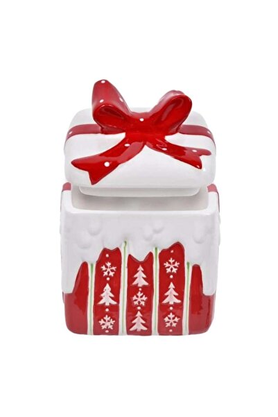 AB HOMES Ceramic Biscuit Container 14x20.5 cm, Square Gift Shape with Bow, Christmas Festive Decor