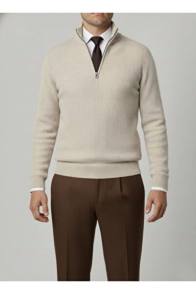 TerziAdemAltun Italian Style S Slim Fit Zipper Polo Neck Knitwear Sweater Beige T14942