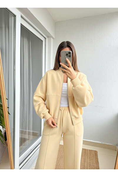 BayBayan طقم بدلة رياضية نسائية من 3 قطع مع سترة بومبر ناعمة الملمس