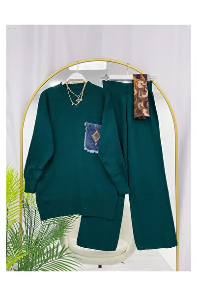 YEDİLALE Denim Pocketed Casual Knitwear Double Set [Standard Size, Includes Tunic and Pants]