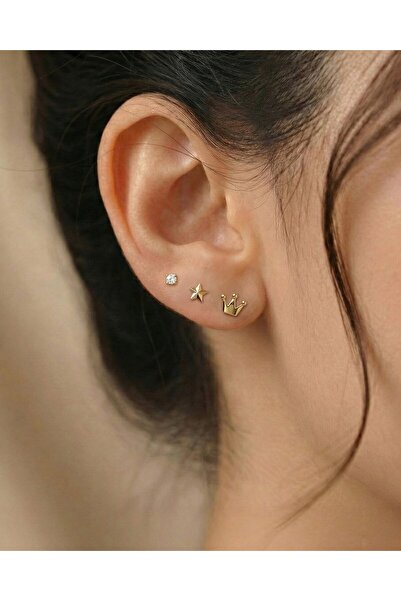 İNDİGO TAKI Taç Yıldız Nokta Kombin 14 Ayar Altın Küpe