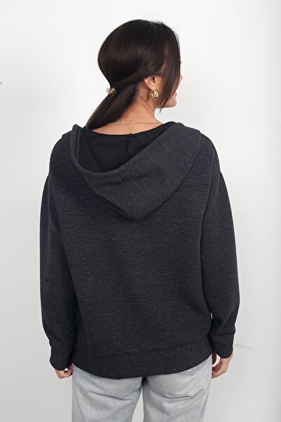 By Saygı Women's Front Zippered Kangaroo Pocket Hooded Silvery Cardigan