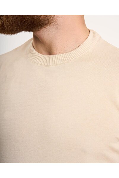 TerziAdemAltun Italian Style S Slim Fit Crew Neck Knitwear T-Shirt Beige T13140