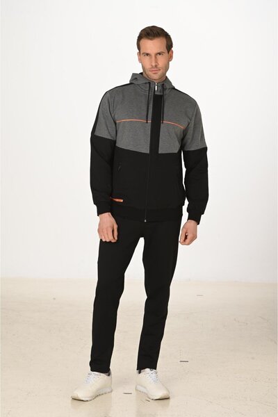 Marco Ferry Men's Cotton Full Zip Hooded Tracksuit Set Black 5287-S