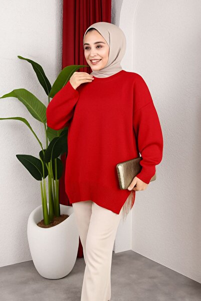 HİRA LİFE FASHİON Kadın Testtür Giyim Bisiklet Yaka Yırtmaçı Taşlı ve Balon K...