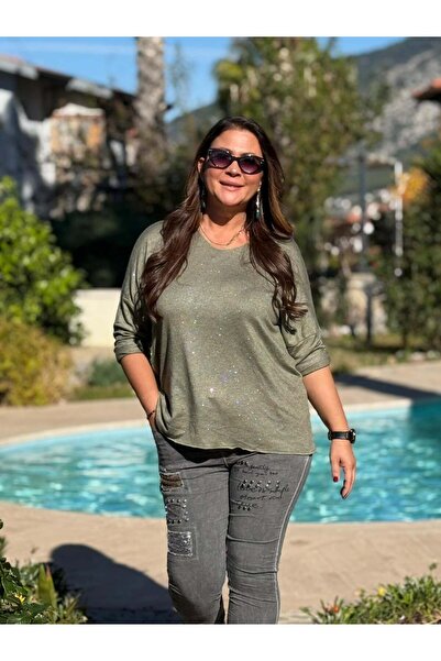 Punta Otantik Nc82581 Glitter V-Neck Knit Blouse Khaki