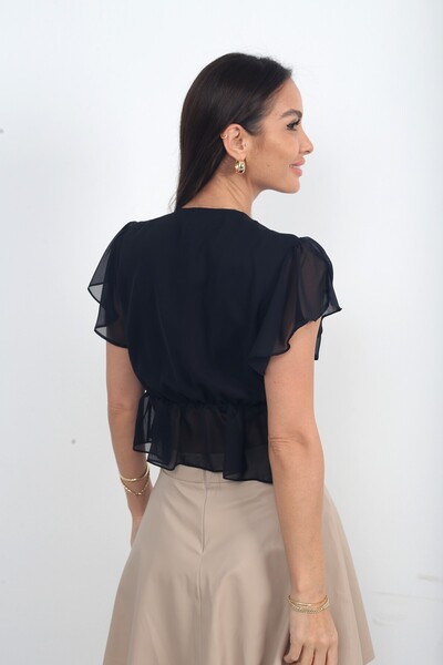 By Saygı Bluză din șifon cu mâneci scurte și cu șireturi laterale pentru femei decolteu petrecut în V