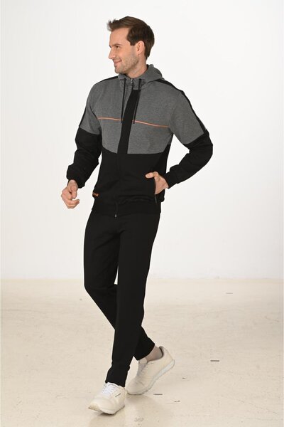 Marco Ferry Men's Cotton Full Zip Hooded Tracksuit Set Black 5287-S