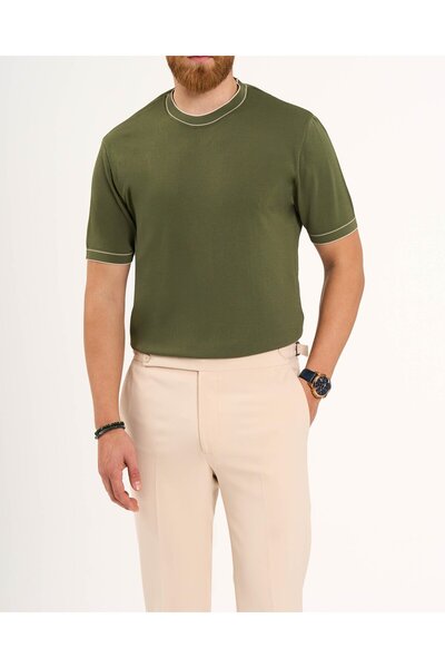TerziAdemAltun Italian Style S Slim Fit Crew Neck Knitwear T-Shirt Khaki T13759