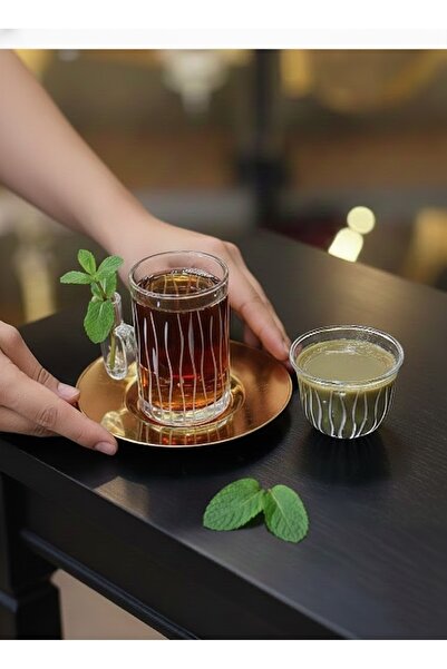 DECOSTYLE 18 Piece Modern Glass Tea Set with Steel Plate |   Premium Hospitality Luxury Presentation Set