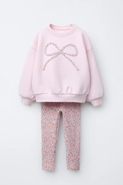 My Kids Wear Girl's Bow Detailed Floral Patterned Tights 3 Thread Set Without Ribbing 2-6 Years Old 12321