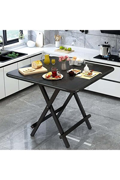 Taimi Folding Dining Table 80x80x74cm with Wooden Top & Metal Legs, Portable Table with a Modern Black