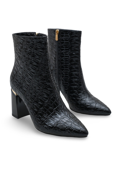 Women Lay-z Women's Black Crocodile Pointed Toe Boots Offer Modern and Stunning Elegance with a 8.5 cm Heel and Gold Detailing.