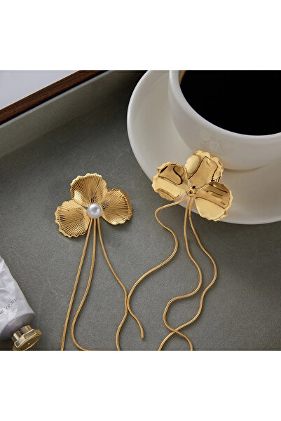 Eva Grace Ilithya earrings, golden, long, with pearls and floral pattern, made of stainless steel