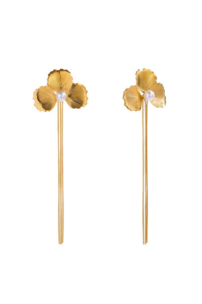 Eva Grace Ilithya earrings, golden, long, with pearls and floral pattern, made of stainless steel