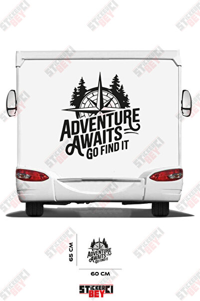 STİCKERCI BEY ملصق مركبة التخييم مع تصميم بوصلة وعبارة 'المغامرة تنتظر، اذهب ...